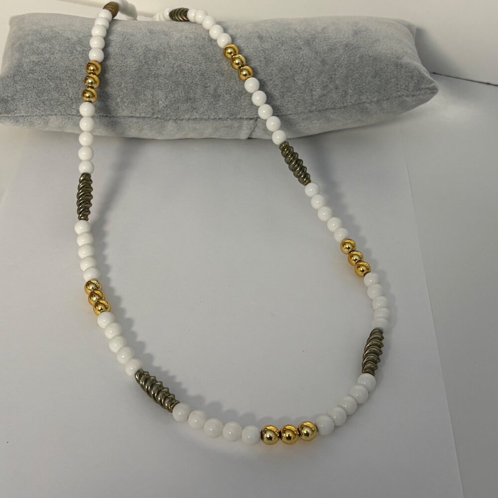 White Gold and Silver Tone Beaded Necklace 30 inch Versatile Jewelry Accessory